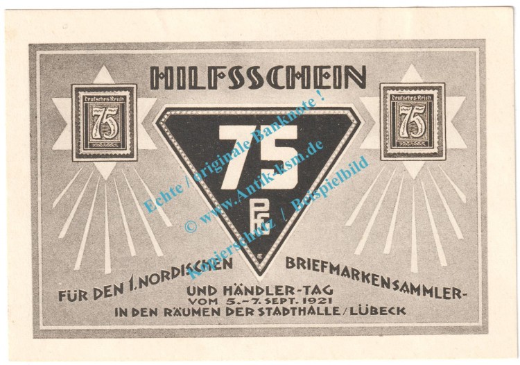 Lübeck , Notgeld 75 Pfennig Schein Nr.6 in kfr. M-G 826.5 , Schleswig 1921 Seriennotgeld