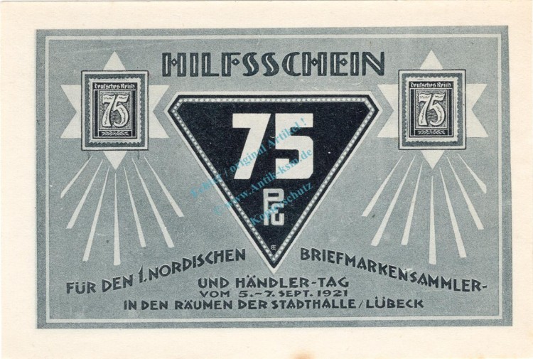 Lübeck , Notgeld 75 Pfennig Schein Nr.6 unc-kfr. M-G 826.1 , Schleswig Holstein 1921 Seriennotgeld