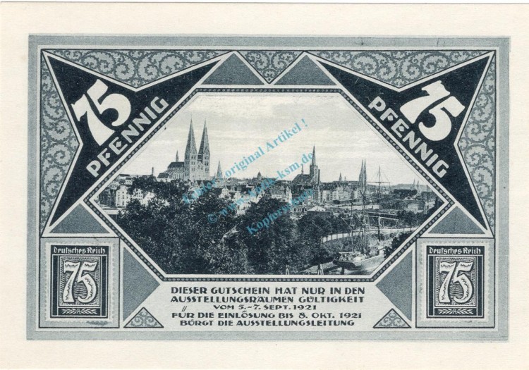 Lübeck , Notgeld 75 Pfennig Schein Nr.7 unc-kfr. M-G 826.7 , Schleswig Holstein 1921 Seriennotgeld