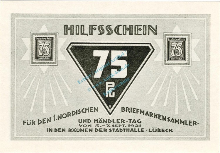 Lübeck , Notgeld 75 Pfennig Schein Nr.7 unc-kfr. M-G 826.7 , Schleswig Holstein 1921 Seriennotgeld