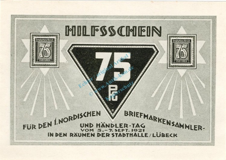 Lübeck , Notgeld 75 Pfennig Schein Nr.8 unc-kfr. M-G 826.7 , Schleswig Holstein 1921 Seriennotgeld