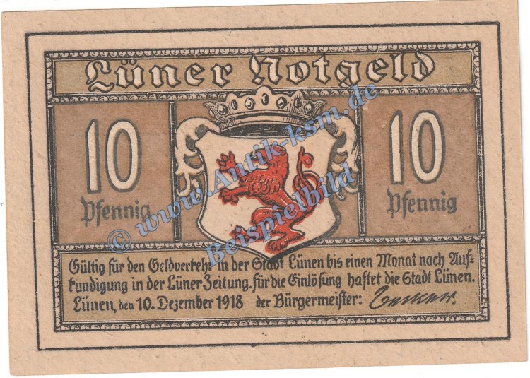 Lünen , Notgeld 10 Pfennig Schein in kfr. Tieste 4290.10.01 , Westfalen 1918 Verkehrsausgabe
