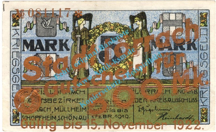 Lörrach , Notgeld 500 Mark Schein in gbr. Geiger 327.W2 , Baden 1918 Grossnotgeld