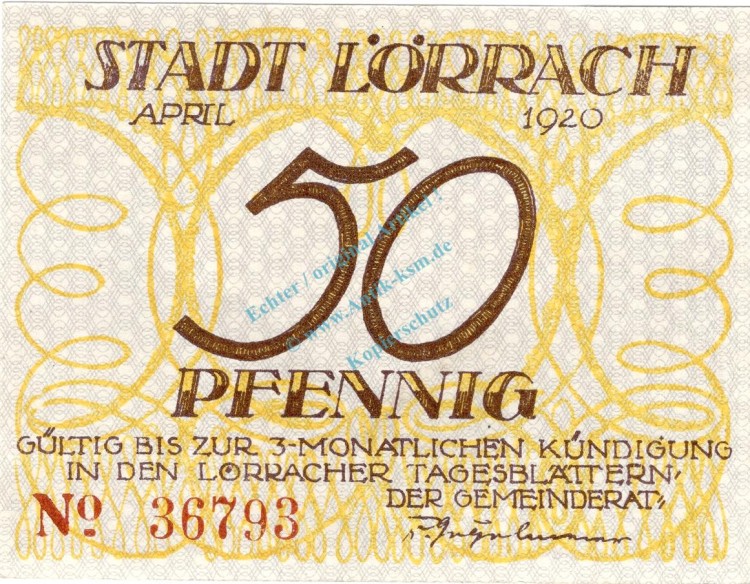 Lörrach , Notgeld 50 Pfennig Schein unc-kfr. Ti.4190.05.01 , Baden 1920 Verkehrsausgabe