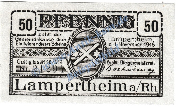 Lampertheim , Notgeld 50 Pfennig Schein in kfr. Tieste 3815.05.05 , Hessen 1918 Verkehrsausgabe