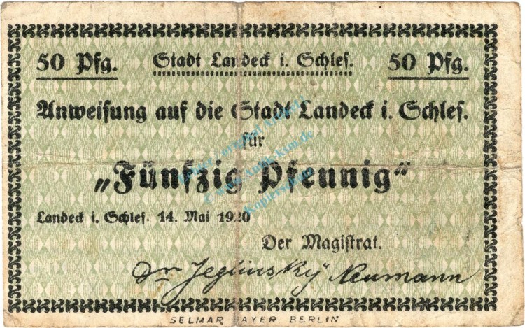 Landeck , Notgeld 50 Pfennig Schein gbr. Ti.3825.10.11 , Schlesien 1920 Verkehrsausgabe