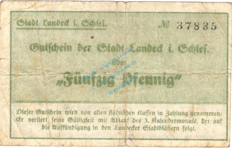 Landeck , Notgeld 50 Pfennig Schein gbr. Ti.3825.10.11 , Schlesien 1920 Verkehrsausgabe