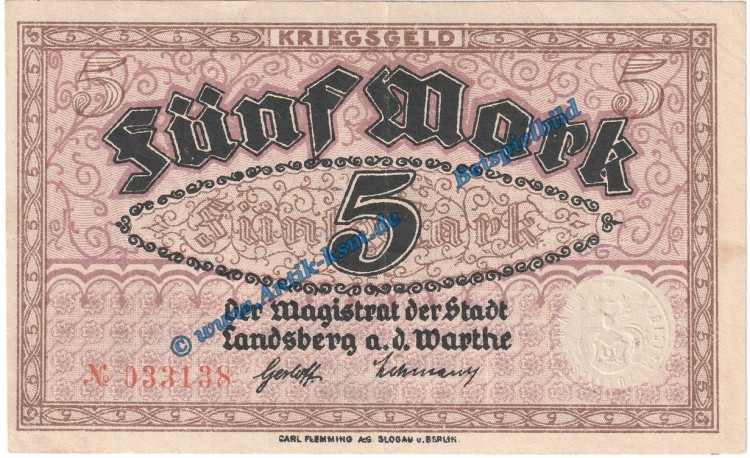 Landsberg a.d.W , Notgeld 5 Mark Schein in gbr.E Geiger 308.01 von 1918 , Brandenburg Grossnotgeld