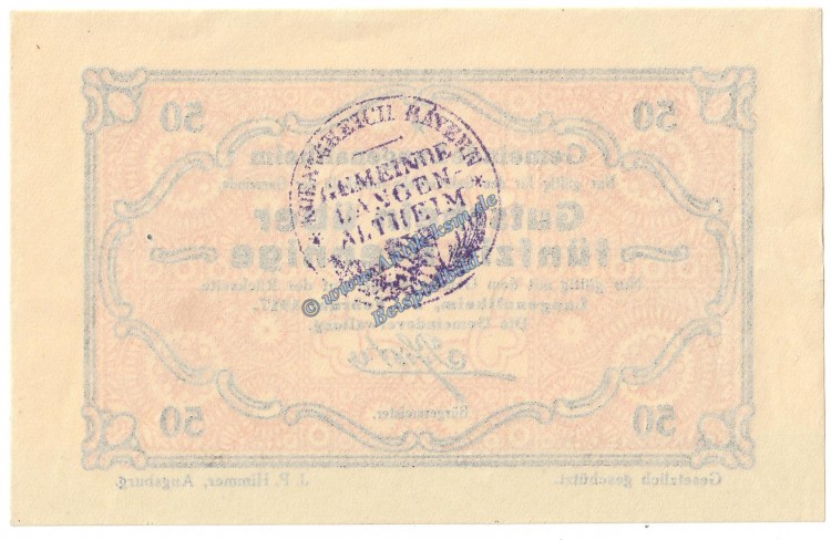 Langenaltheim , Notgeld 50 Pfennig Schein in kfr. M-G 766.4.a , Bayern 1917 Seriennotgeld