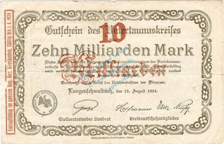 Langenschwalbach , Banknote 10 Milliarden Mark Schein gbr. Keller 5305.c , Hessen 1923 Inflation