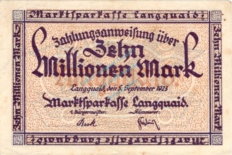 Langquaid , Notgeld 10 Millionen Mark Schein in F-kfr. Keller 2913.e , Bayern 1923 Inflation