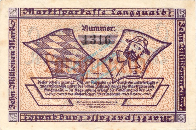 Langquaid , Notgeld 10 Millionen Mark Schein in F-kfr. Keller 2913.e , Bayern 1923 Inflation