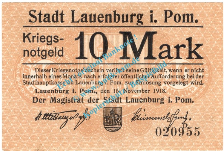 Lauenburg , Notgeld 10 Mark Schein in gbr. Geiger 310.02.a , Pommern 1918 Grossnotgeld