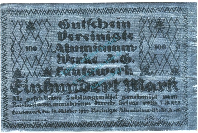 Lautawerk , Banknote 100 Mark -Aluminium- unc-kfr. Mü.2590.3 , BBG 1922 Inflation 22-23