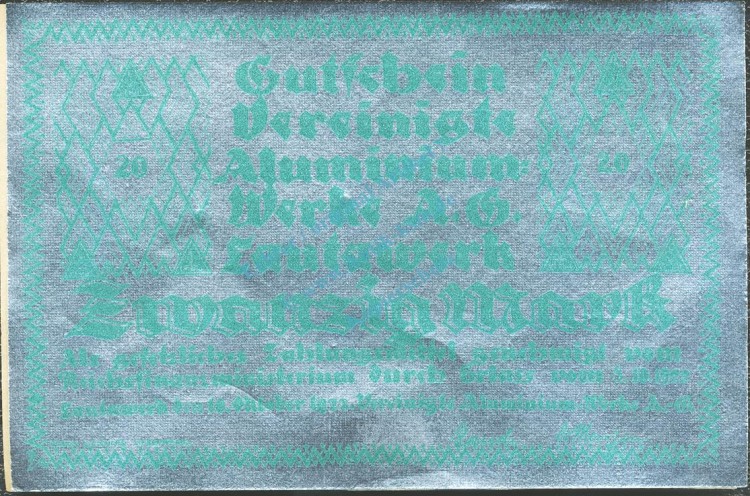 Lautawerk , Banknote 20 Mark -Alu- unc-kfr. Mü.2590.1 , BBG 1922 Großnotgeld -3627-