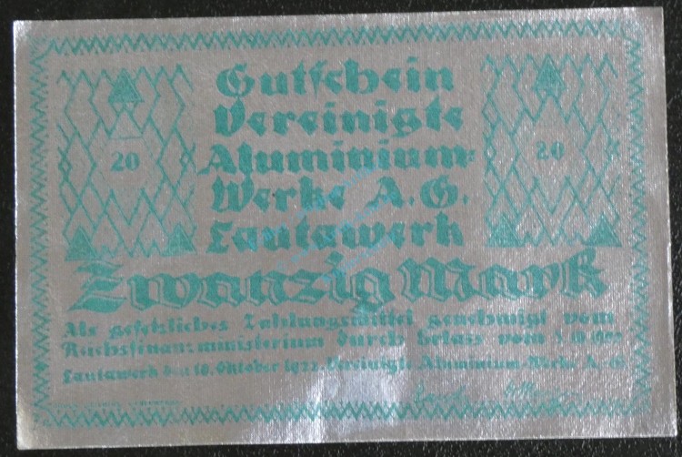 Lautawerk , Banknote 20 Mark -Alu- unc-kfr. Mü.2590.1 , BBG 1922 Großnotgeld -3627-