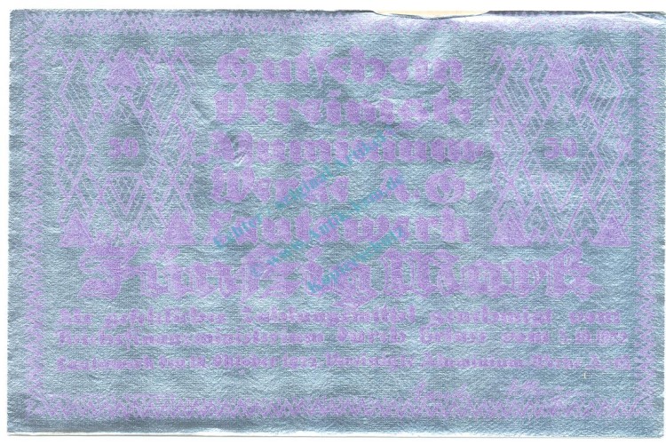 Lautawerk , Banknote 50 Mark -Alu- unc-kfr. Mü.2590.2 , BBG 1922 Großnotgeld -3623-