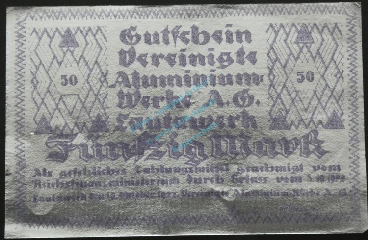 Lautawerk , Banknote 50 Mark -Alu- unc-kfr. Mü.2590.2 , BBG 1922 Großnotgeld -3638-