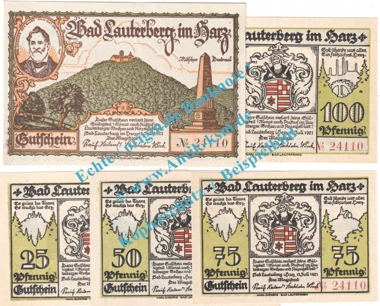 Lauterberg , Notgeld Set mit 5 Scheinen in kfr. M-G 779.1... Niedersachsen 1921 Seriennotgeld