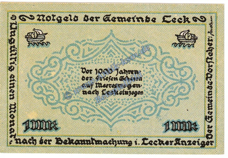 Leck , Notgeld 1 Mark Schein in kfr. M-G 780.1 , Schleswig Holstein o.D. Seriennotgeld