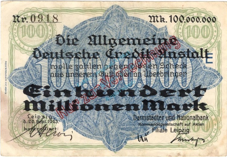Leipzig , Banknote 100 Millionen Mark Schein gbr. Bühn 4112.6 , Sachsen 1923 InflationLeipzig , Banknote 100 Millionen Mark Schein gbr. Bühn 4112.6 , Sachsen 1923 Inflation