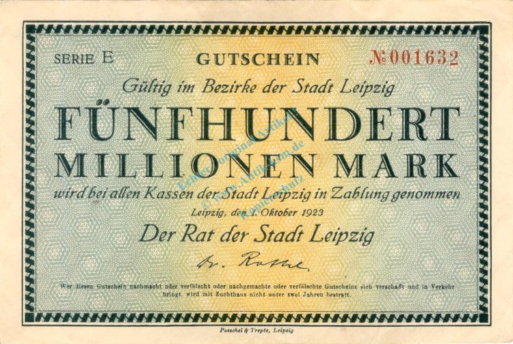 Leipzig , Banknote 500 Millionen Mark Schein gbr. Keller 2986.b , SachsLeipzig , Banknote 500 Millionen Mark Schein gbr. Keller 2986.b , Sachsen 1923 Inflationen 1923 Inflation