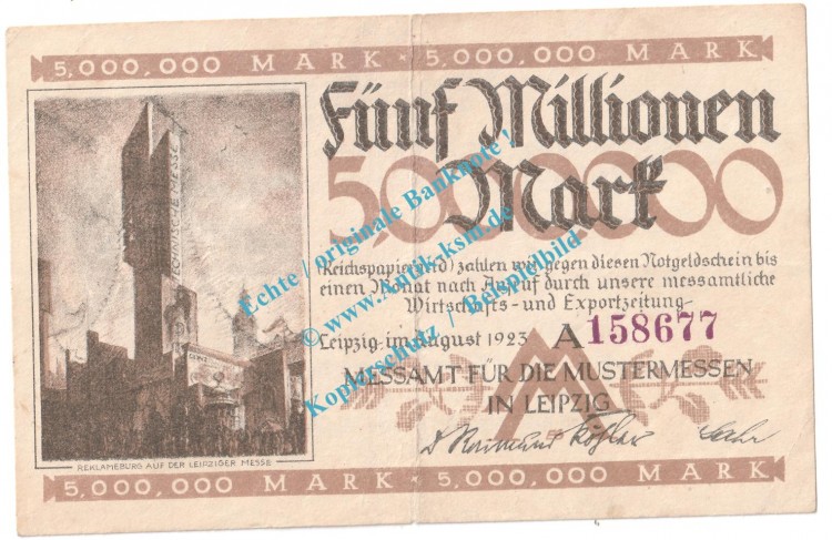 Leipzig , Notgeld 5 Millionen Mark Schein in gbr. Keller 3083... Sachsen 1923 Grossnotgeld Inflation