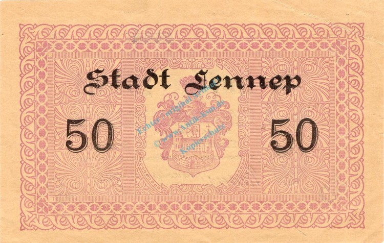 Lennep , Banknote 50 Mark Schein f-kfr. Geiger 315.09.b , Rheinland 1918 Grossnotgeld