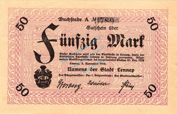 Lennep , Banknote 50 Mark Schein unc-kfr. Geiger 315.09.b , Rheinland 1918 Grossnotgeld