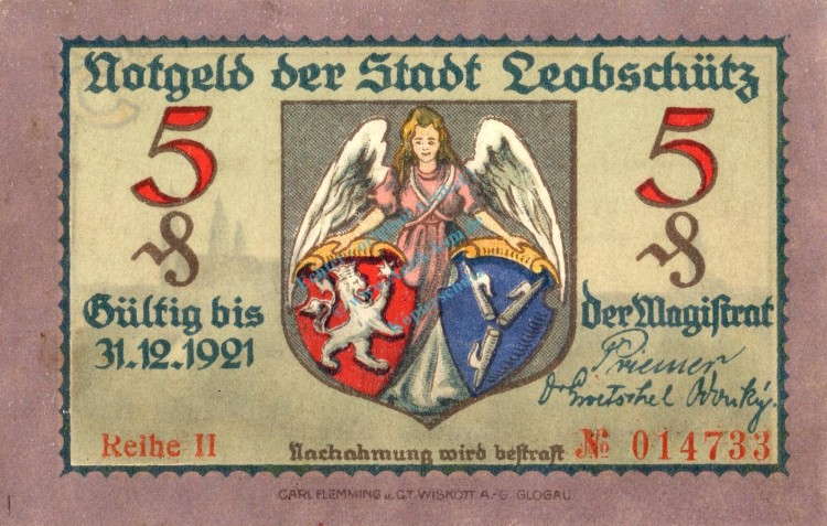 Leobschütz , Notgeld 5 Pfennig Schein unc-kfr. Ti.4020.05.20 , Schlesien o.D. Verkehrsausgabe