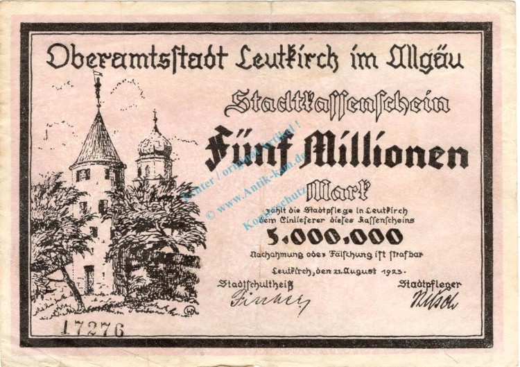 Leutkirch , Banknote 5 Millionen Mark Schein gbr. Keller 3240.a , Württemberg 1923 Inflation