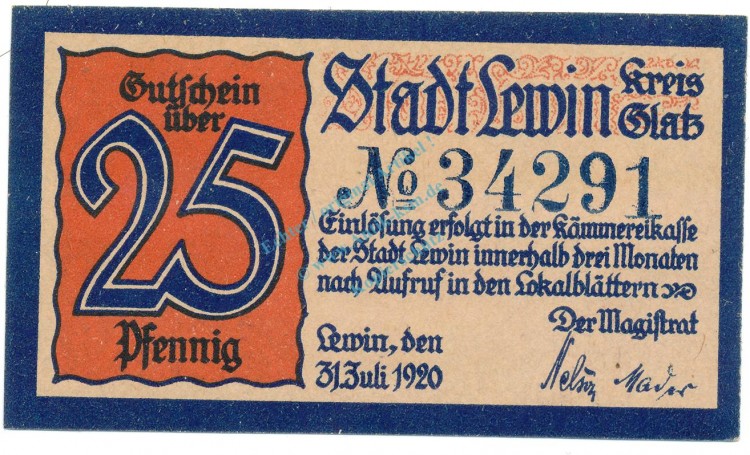 Lewin , Notgeld 25 Pfennig Schein unc-kfr. Ti.4030.05.30 , SLN 1920 Verkehrsausgabe -4158-