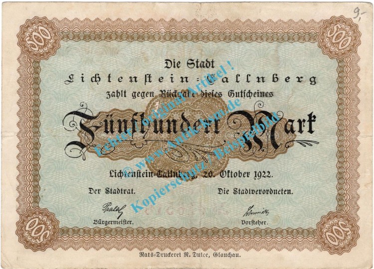 Lichtenstein Callnberg , Banknote 500 Mark Schein in gbr. Müller 2715.6 , Sachsen 1922 Inflation