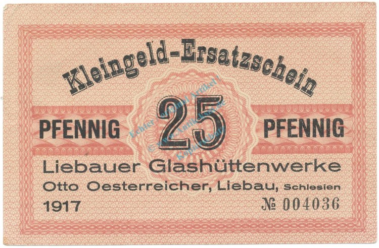 Liebau , Notgeld 25 Pfennig Schein unc-kfr. Tieste 4055.10.05 , SLN 1917 Verkehrsausgabe -4057-