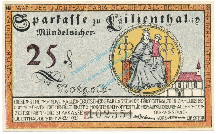 Lilienthal , Notgeld 25 Pfennig Schein unc-kfr. M-G.802.... NDS 1920 Seriennotgeld -2234-