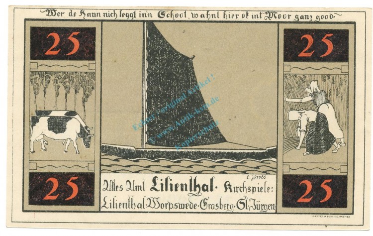 Lilienthal , Notgeld 25 Pfennig Schein unc-kfr. M-G.802.1 , NDS 1920 Seriennotgeld -5838-
