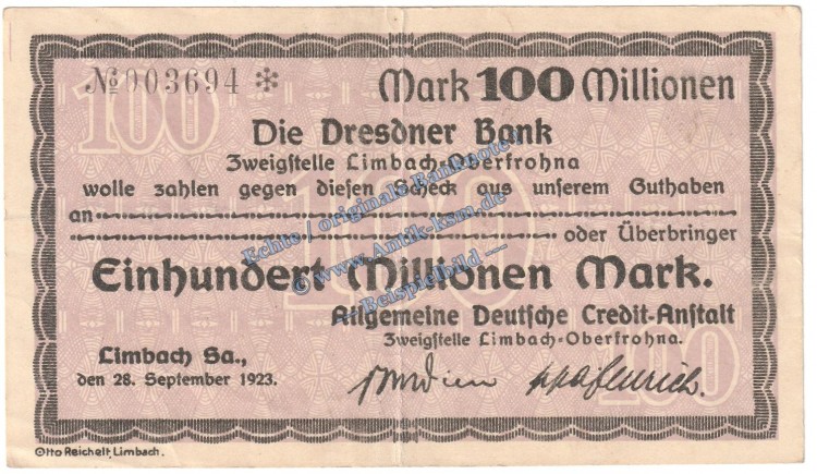 Limbach , Banknote 100 Millionen Mark Schein in gbr. Keller 3274.II.o , Sachsen 1923 Grossnotgeld - Inflation