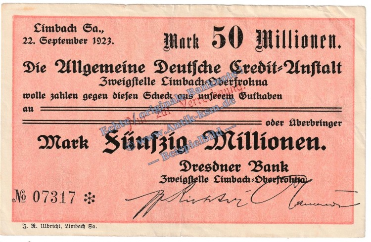Limbach , Banknote 50 Millionen Mark Schein in gbr. Keller 3274.II.n , Sachsen 1923 Grossnotgeld - Inflation