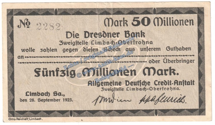 Limbach , Banknote 50 Millionen Mark Schein in gbr. Keller 3274.II.o , Sachsen 1923 Grossnotgeld - Inflation