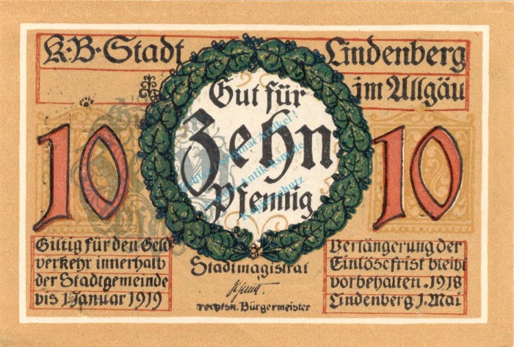 Lindenberg , 10 Pfennig --FEHLDRUCK-- E in kfr-unc , Ti.4115.... Bayern 1918 VerkehrsausgabeLindenberg , 10 Pfennig --FEHLDRUCK-- E in kfr-unc , Ti.4115.... Bayern 1918 Verkehrsausgabe