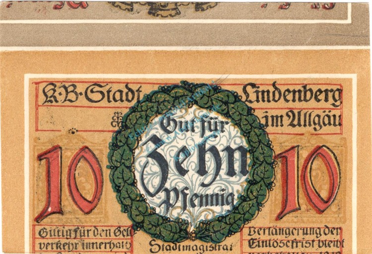 Lindenberg , 10 Pfennig --FEHLDRUCK-- G in kfr-unc , Ti.4115.... Bayern 1918 Verkehrsausgabe