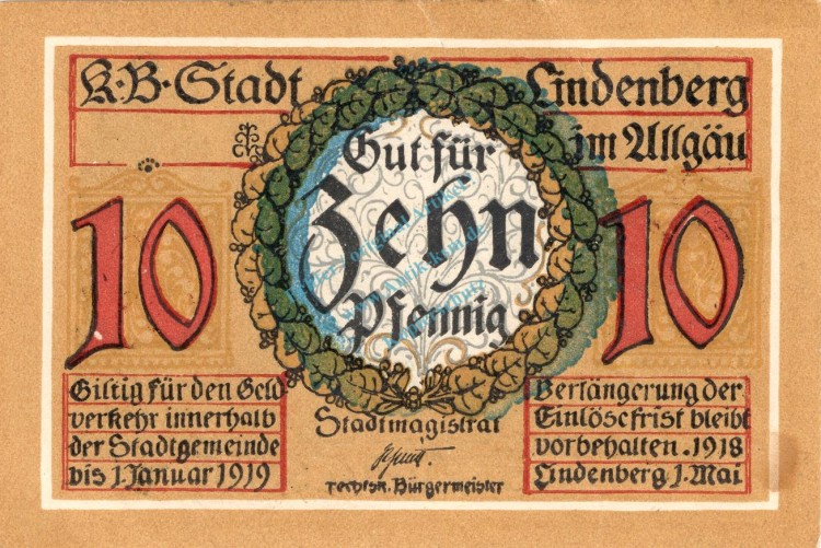 Lindenberg , 10 Pfennig --FEHLDRUCK-- J in kfr-unc , Ti.4115.... Bayern 1918 Verkehrsausgabe