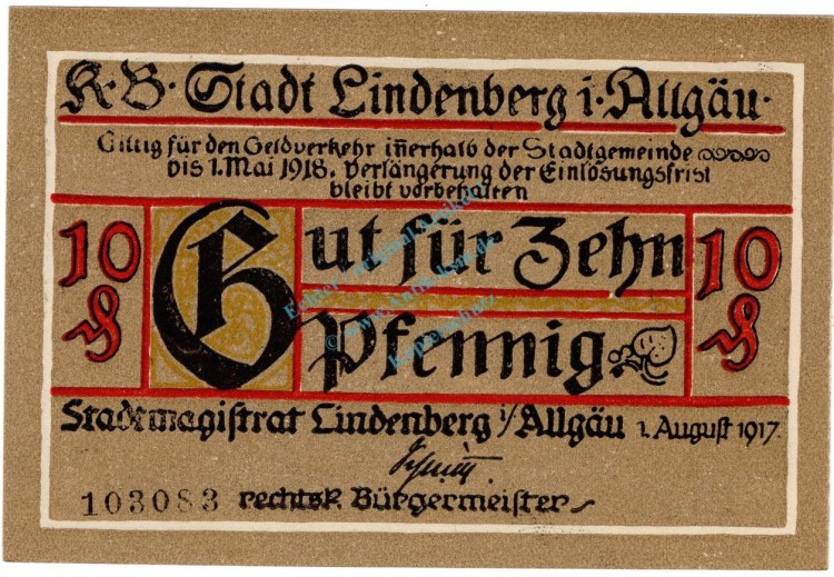 Lindenberg , Notgeld 10 Pfennig Schein in unc-kfr. Ti. 4115.05.05 , Bayern 1917 Verkehrsausgabe