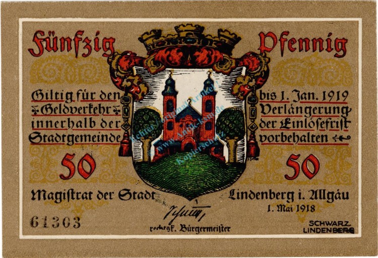 Lindenberg , Notgeld 50 Pfennig Schein in unc-kfr. Ti.4115.05.17 , Bayern 1918 VeLindenberg , Notgeld 50 Pfennig Schein in unc-kfr. Ti.4115.05.17 , Bayern 1918 Verkehrsausgaberkehrsausgabe