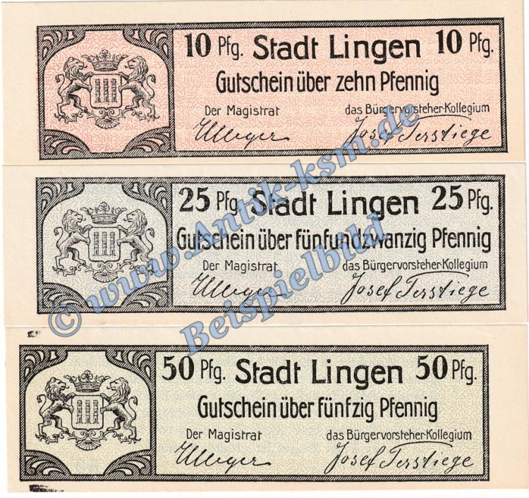 Lingen , Notgeld Set mit 3 Scheinen in kfr. Tieste 4125.05.25-27 , Niedersachsen o.DLingen , Notgeld Set mit 3 Scheinen in kfr. Tieste 4125.05.25-27 , Niedersachsen o.D. Verkehrsausgabe. Verkehrsausgabe
