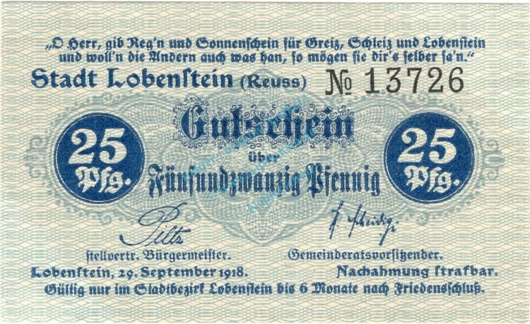 Lobenstein , Notgeld 25 Pfennig Schein unc-kfr. Ti.4160.05.02 , Thüringen 1918 Verkehrsausgabe