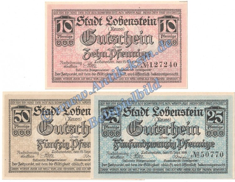 Lobenstein , Notgeld Set mit 3 Scheinen in kfr. Tieste 4160.05.10-12 , Thüringen 1919 Verkehrsausgabe