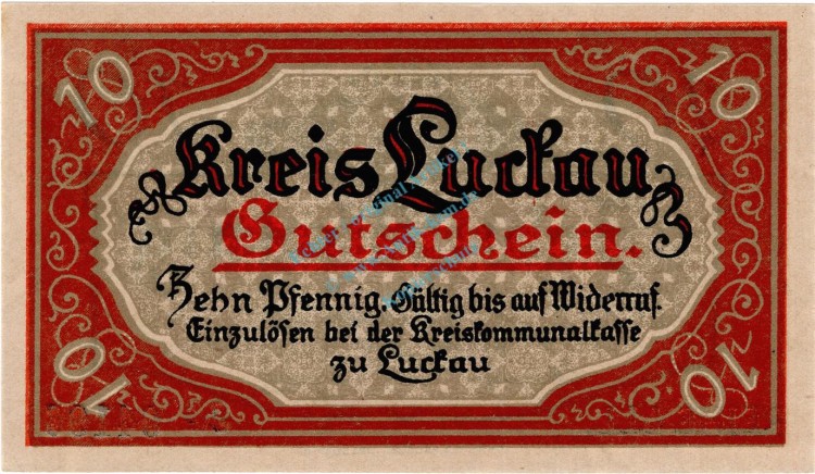 Luckau , Notgeld 10 Pfennig Schein in unc-kfr. Ti.4225.05.35 , Brandenburg 1917 Verkehrsausgabe