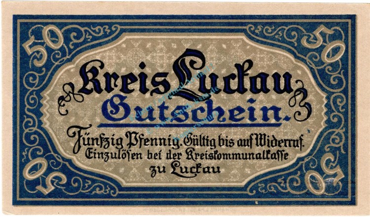 Luckau , Notgeld 50 Pfennig Schein in unc-kfr. Ti.4225.05.36 , Brandenburg 1917 VerkehrsausgabeLuckau , Notgeld 50 Pfennig Schein in unc-kfr. Ti.4225.05.36 , Brandenburg 1917 Verkehrsausgabe