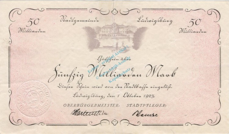 Ludwigsburg , Banknote 50 Milliarden Mark Schein L-gbr. Keller 3327.d  , Württemberg 1923 InflationLudwigsburg , Banknote 50 Milliarden Mark Schein L-gbr. Keller 3327.d  , Württemberg 1923 Inflation